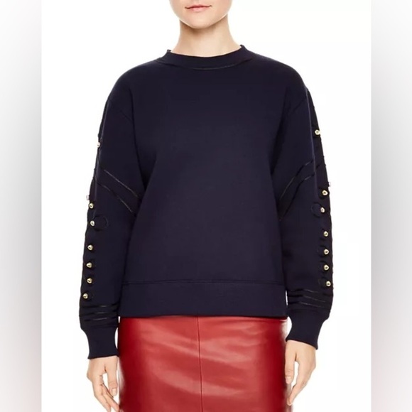 Sandro Natty Embroidered Rhinestone Dark Navy Blue Pullover Crewneck Sweater 2 - Picture 1 of 16